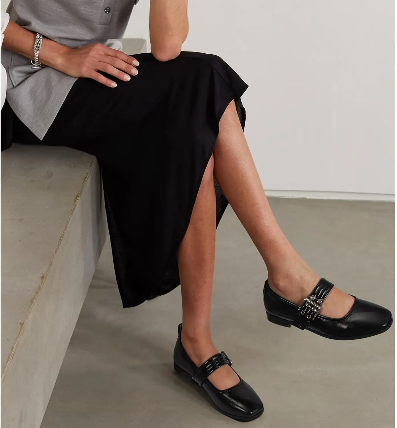 Dsevht Mary Janes Flats for Women Fashion Square Toe Flat Low Heel Easy Buckle Strap Flats Shoes