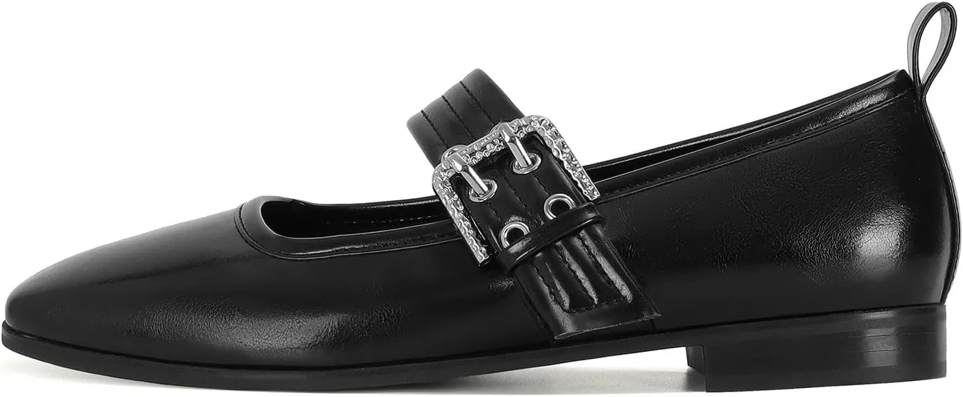 Dsevht Mary Janes Flats for Women Fashion Square Toe Flat Low Heel Easy Buckle Strap Flats Shoes