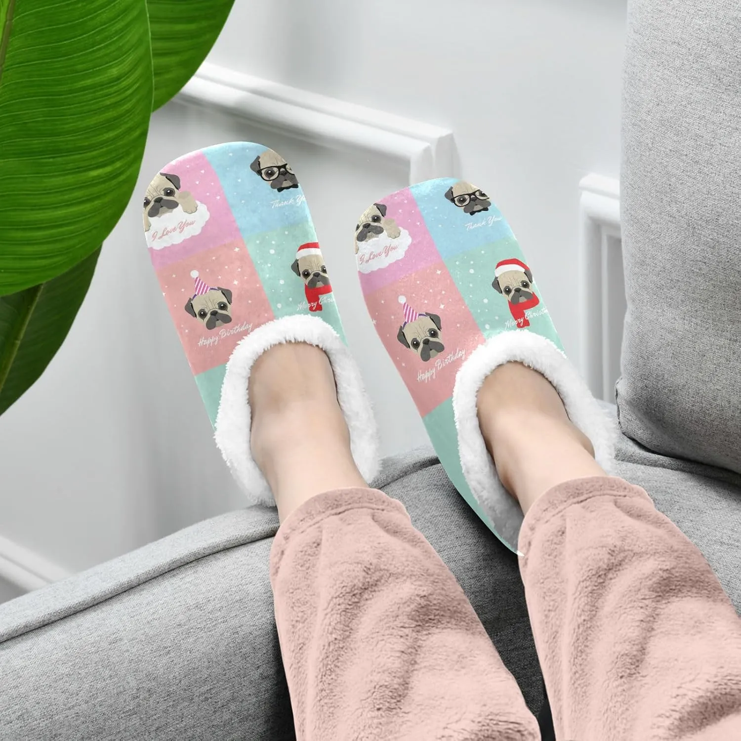 Dussdil Pug Puppy Stars Home Winter Slippers Spa Travel House Slipper Soft Memory Foam Slipper Non Slip for Women Men Hotel Bedroom Shoes Slippers M