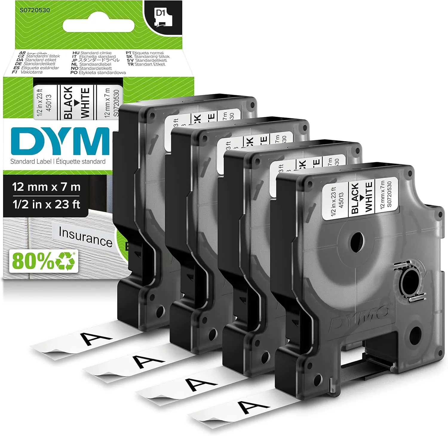 DYMO D1 Labels for LabelManager Label Makers, Black Print on White, 1/2-Inch x 23-Foot Rolls, Self-Adhesive, 4 Count