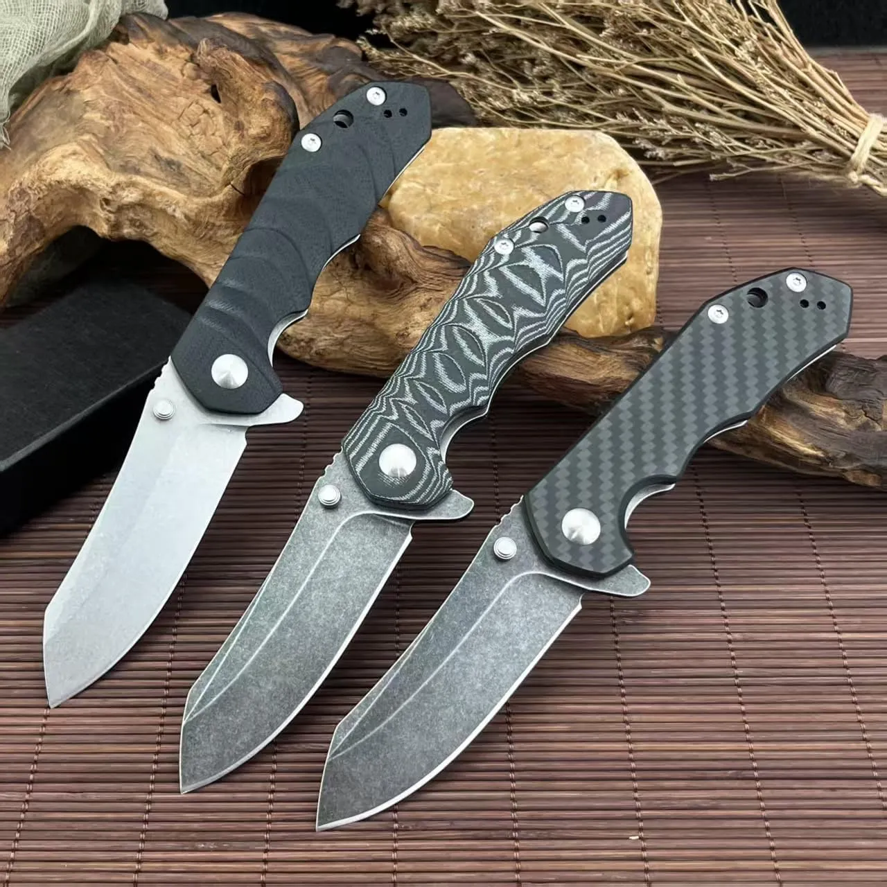 EDC Tactical Folding Knife, 3.5" D2 Steel Blade, Carbon Fiber/G10/Micata Handle Options, Stonewashed Finish Camping Pocket Knives (Black and Gray Layered Micarta)