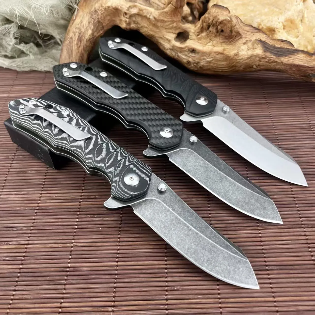 EDC Tactical Folding Knife, 3.5" D2 Steel Blade, Carbon Fiber/G10/Micata Handle Options, Stonewashed Finish Camping Pocket Knives (Black and Gray Layered Micarta)
