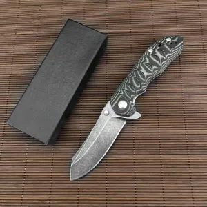 EDC Tactical Folding Knife, 3.5" D2 Steel Blade, Carbon Fiber/G10/Micata Handle Options, Stonewashed Finish Camping Pocket Knives (Black and Gray Layered Micarta)