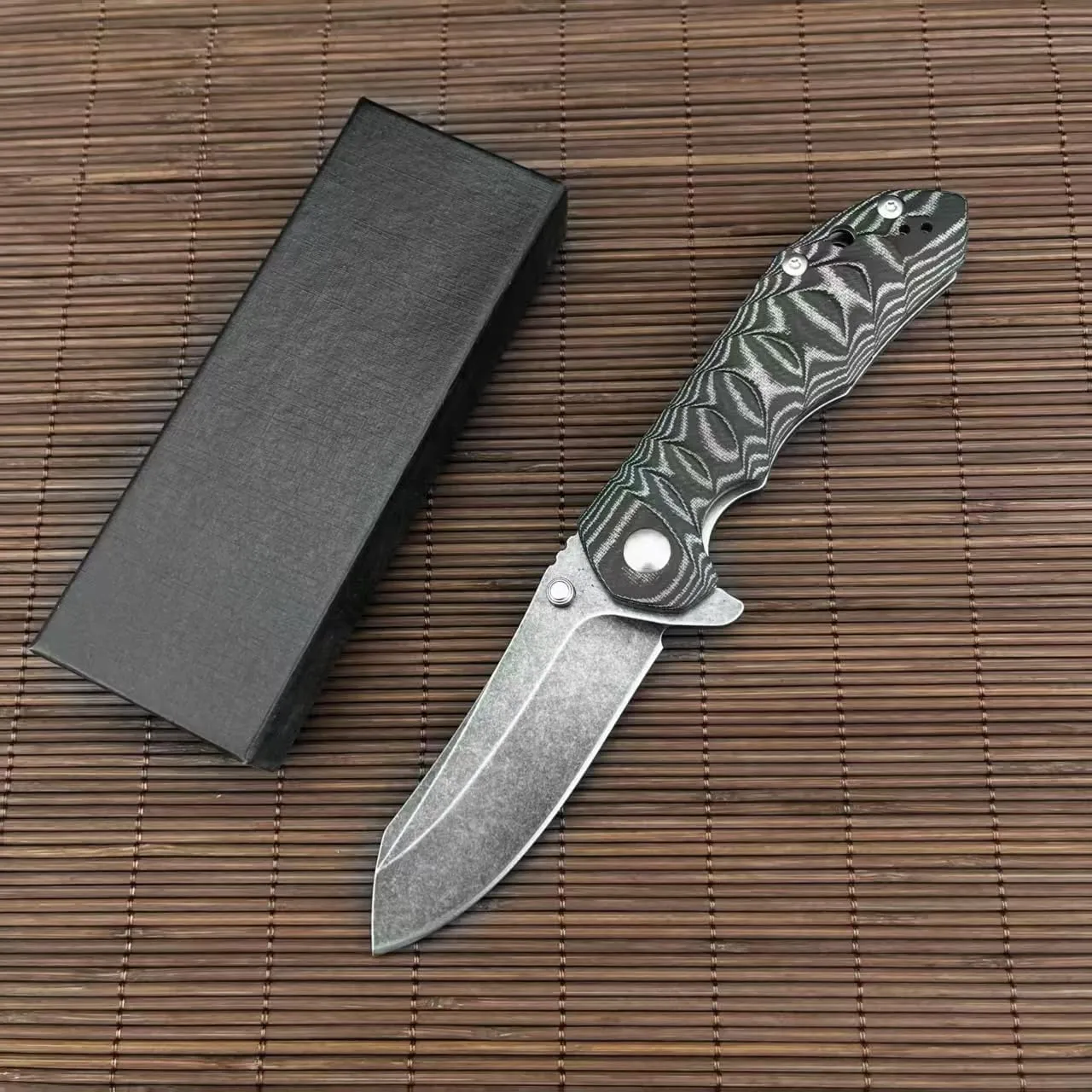 EDC Tactical Folding Knife, 3.5" D2 Steel Blade, Carbon Fiber/G10/Micata Handle Options, Stonewashed Finish Camping Pocket Knives (Black and Gray Layered Micarta)