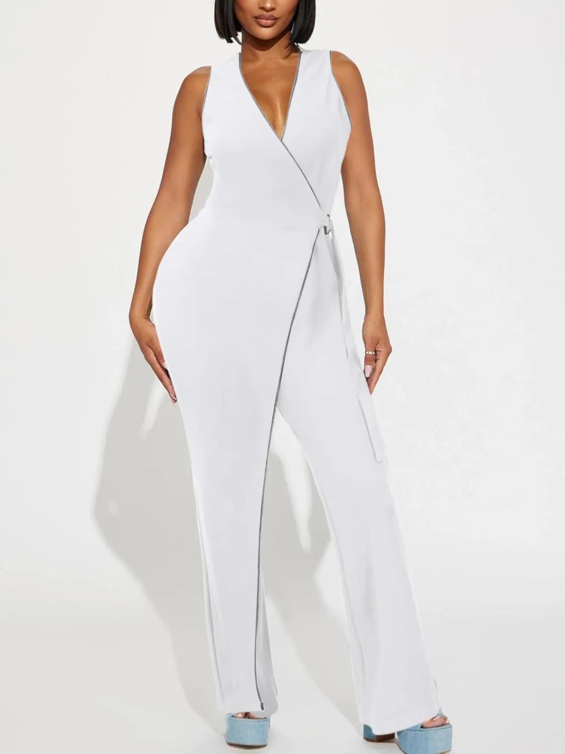 Ekaliy Sexy Jumpsuits for Women Sleeveless V Neck Wide Leg Pants Casual One Piece Outfits with Pockets