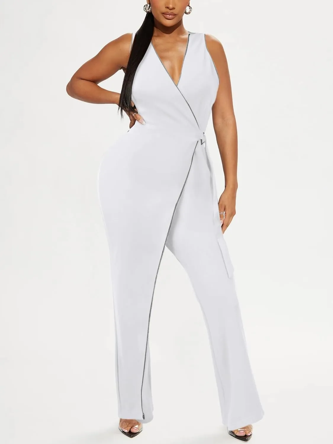 Ekaliy Sexy Jumpsuits for Women Sleeveless V Neck Wide Leg Pants Casual One Piece Outfits with Pockets