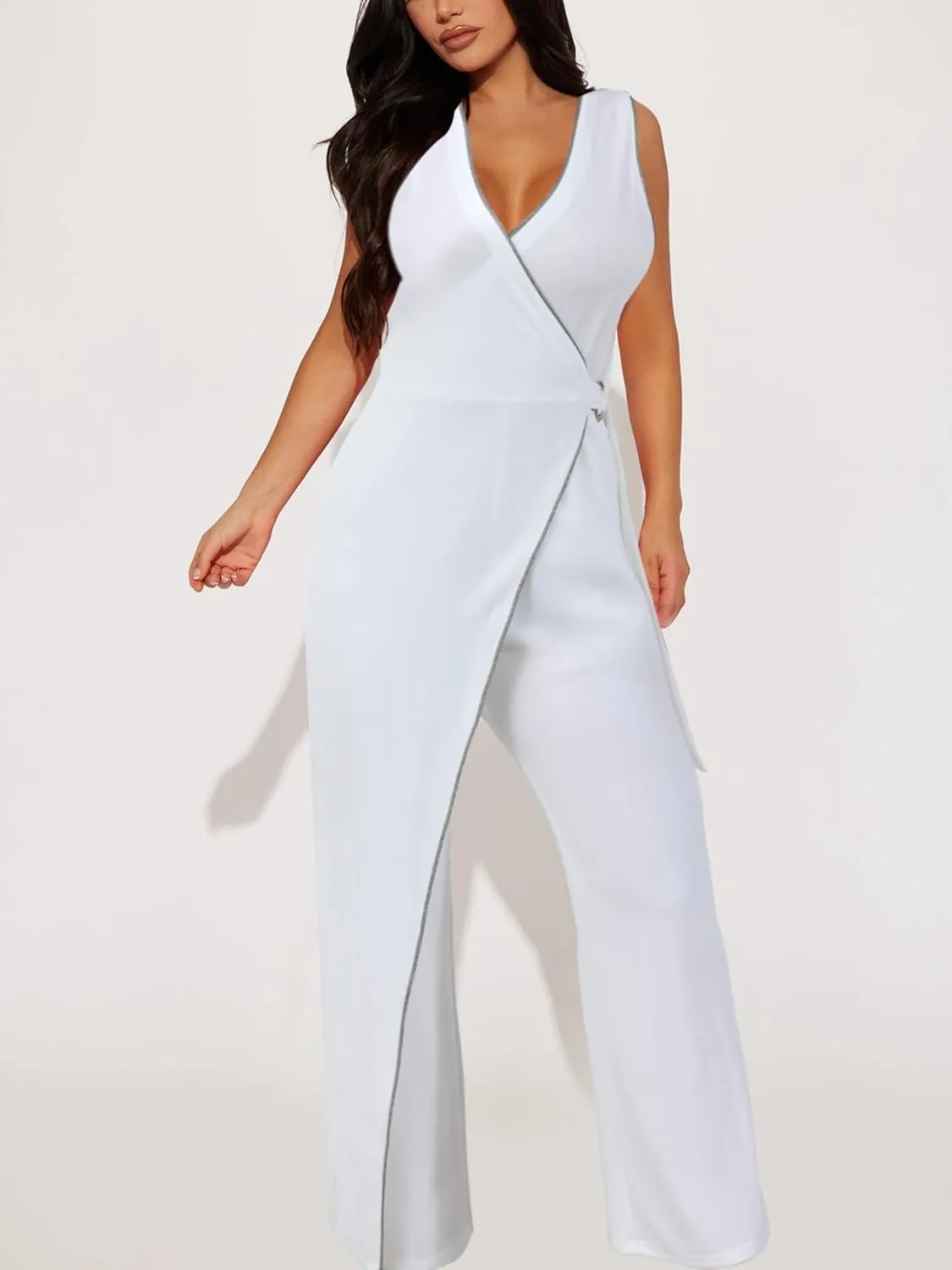 Ekaliy Sexy Jumpsuits for Women Sleeveless V Neck Wide Leg Pants Casual One Piece Outfits with Pockets