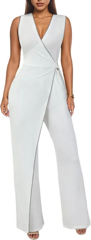 Ekaliy Sexy Jumpsuits for Women Sleeveless V Neck Wide Leg Pants Casual One Piece Outfits with Pockets