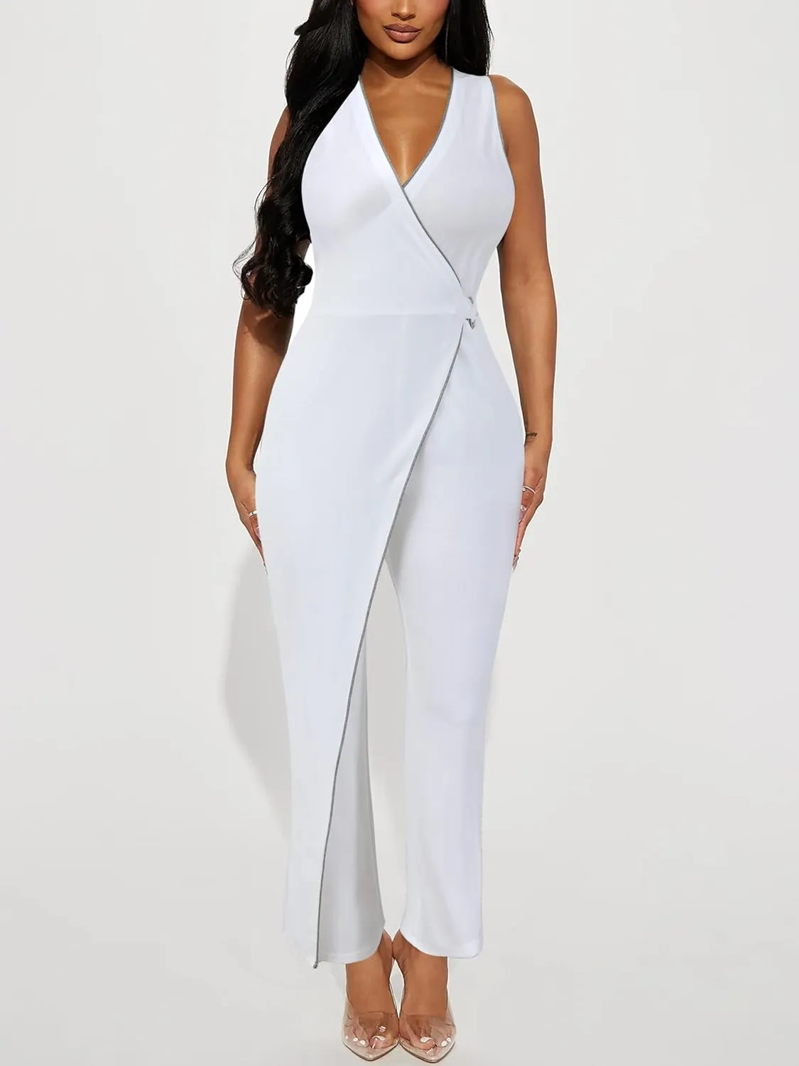 Ekaliy Sexy Jumpsuits for Women Sleeveless V Neck Wide Leg Pants Casual One Piece Outfits with Pockets