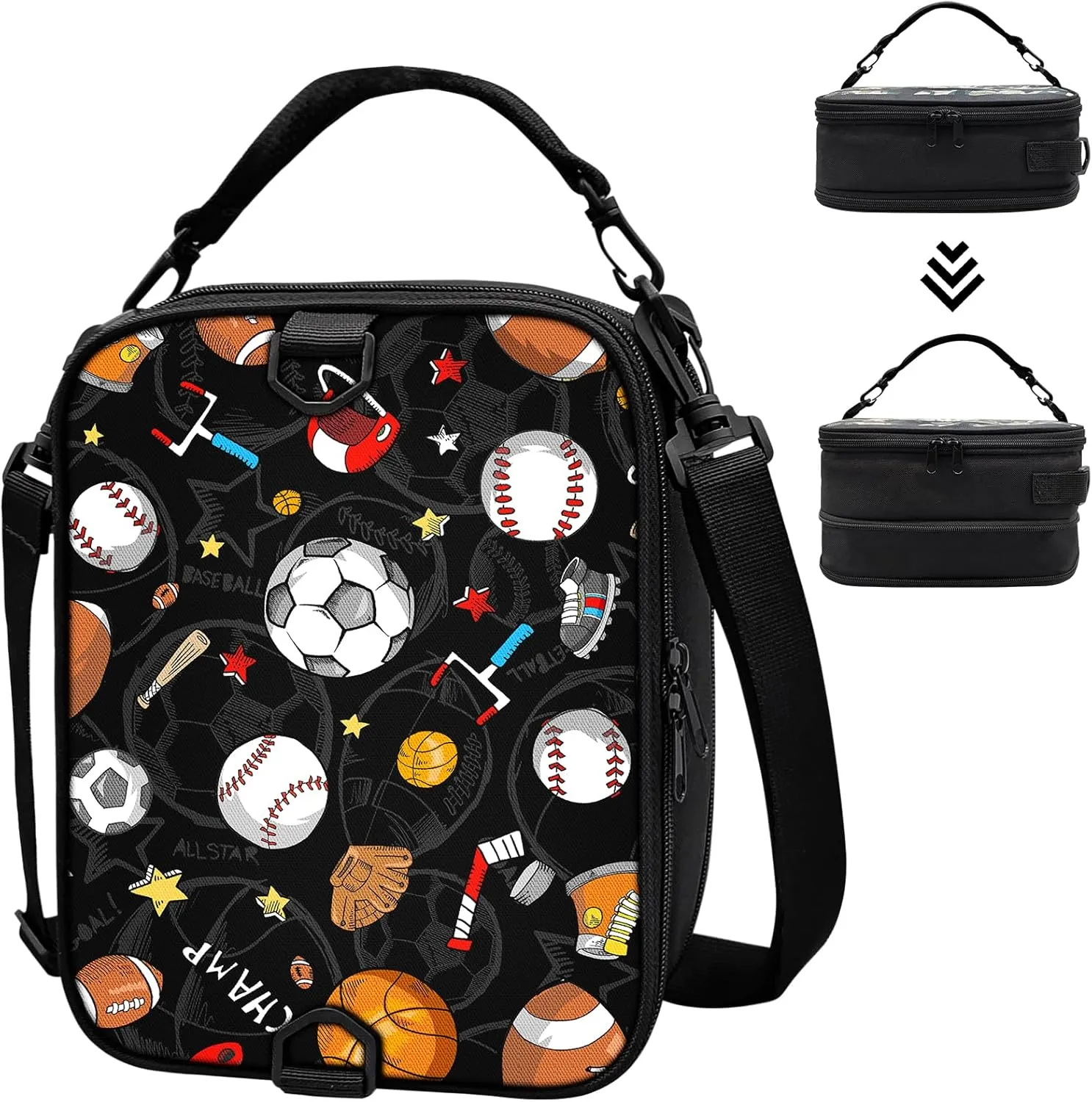 Expandable Lunch Box for Men, Sports Lunch Box for Teen Boy, Insulated Balls Lunch Bag for Men Teenagers Boy, Reusable Lunchbox with Shoulder Strap for Work School Travel Picnic Hiking Beach