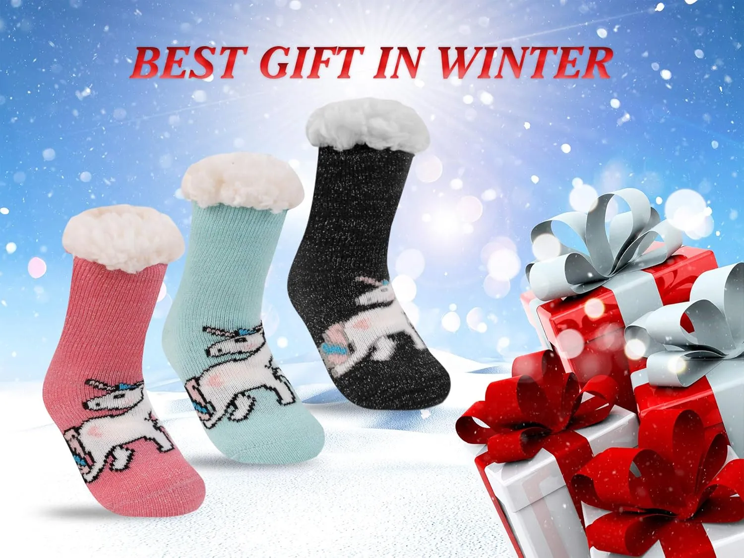 FENELY 3 Pairs Kids Boys Girls Slipper Socks Winter Sherpa Lined Fuzzy Warm Soft Non Skid
