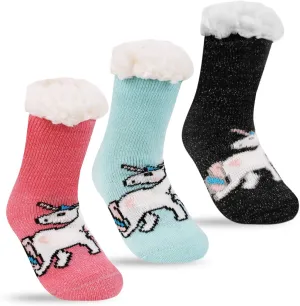 FENELY 3 Pairs Kids Boys Girls Slipper Socks Winter Sherpa Lined Fuzzy Warm Soft Non Skid