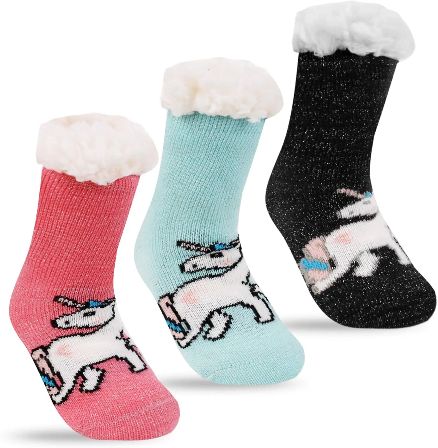 FENELY 3 Pairs Kids Boys Girls Slipper Socks Winter Sherpa Lined Fuzzy Warm Soft Non Skid