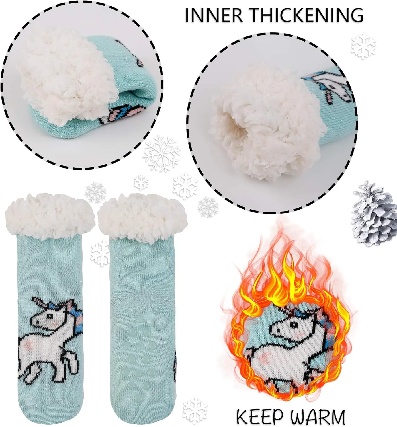FENELY 3 Pairs Kids Boys Girls Slipper Socks Winter Sherpa Lined Fuzzy Warm Soft Non Skid