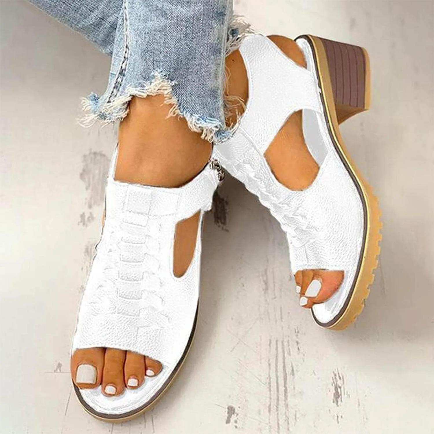 FETNHU Libiyi Peep Toe Cutout Zipper Chunky Heeled Sandals, Women's Shoeshome Comfy Orthotic Sandals, Breathable Fish Mouth Outdoor Casual Beach High Heels Sandal