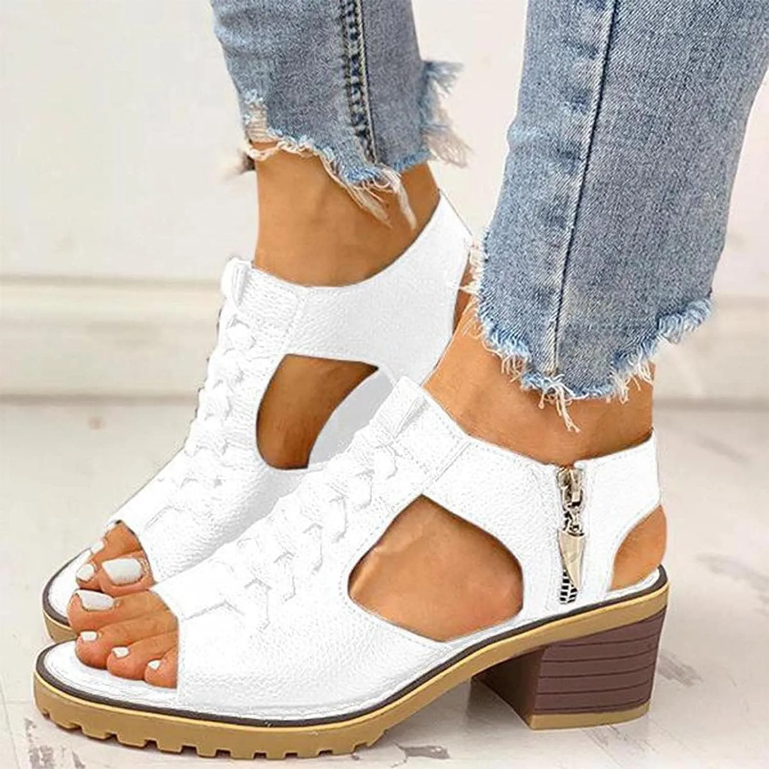 FETNHU Libiyi Peep Toe Cutout Zipper Chunky Heeled Sandals, Women's Shoeshome Comfy Orthotic Sandals, Breathable Fish Mouth Outdoor Casual Beach High Heels Sandal