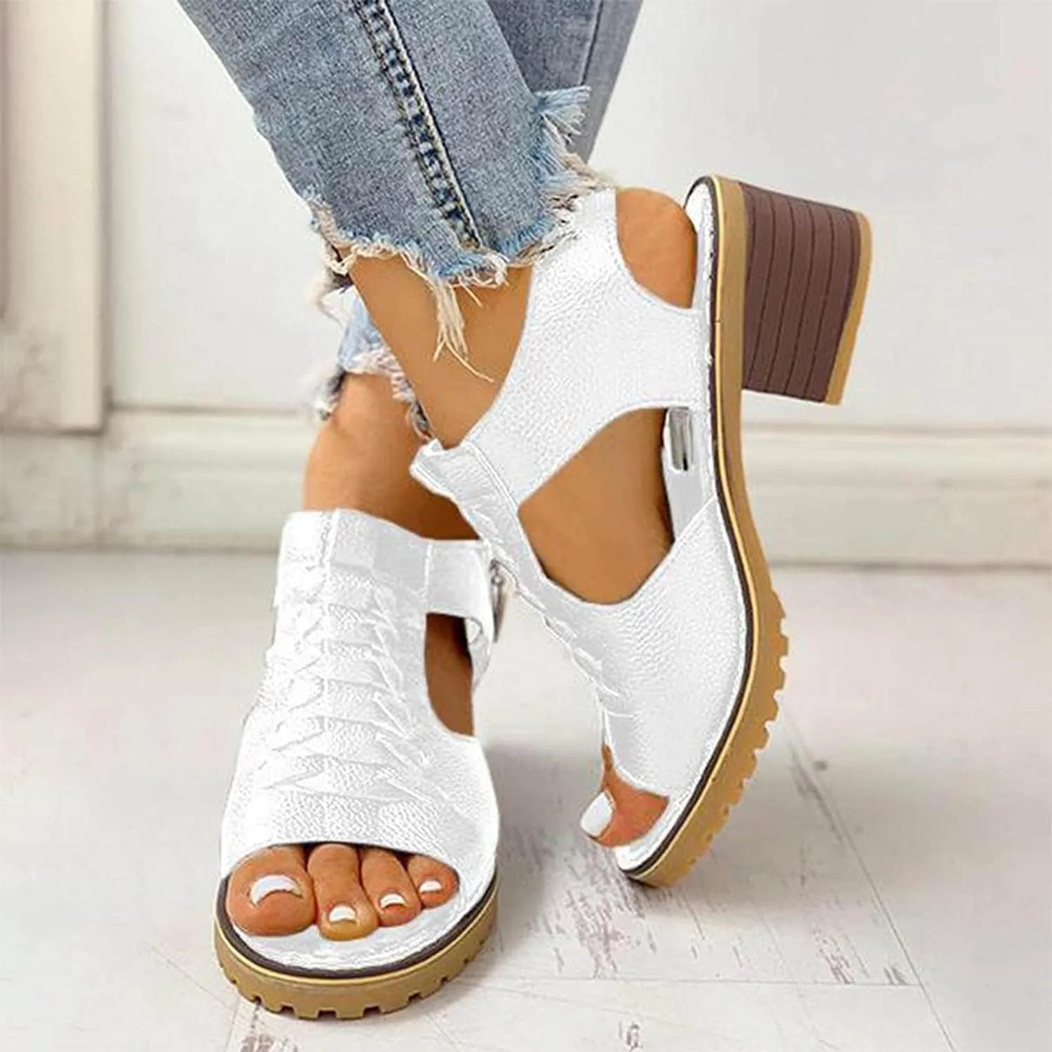 FETNHU Libiyi Peep Toe Cutout Zipper Chunky Heeled Sandals, Women's Shoeshome Comfy Orthotic Sandals, Breathable Fish Mouth Outdoor Casual Beach High Heels Sandal