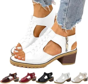 FETNHU Libiyi Peep Toe Cutout Zipper Chunky Heeled Sandals, Women's Shoeshome Comfy Orthotic Sandals, Breathable Fish Mouth Outdoor Casual Beach High Heels Sandal