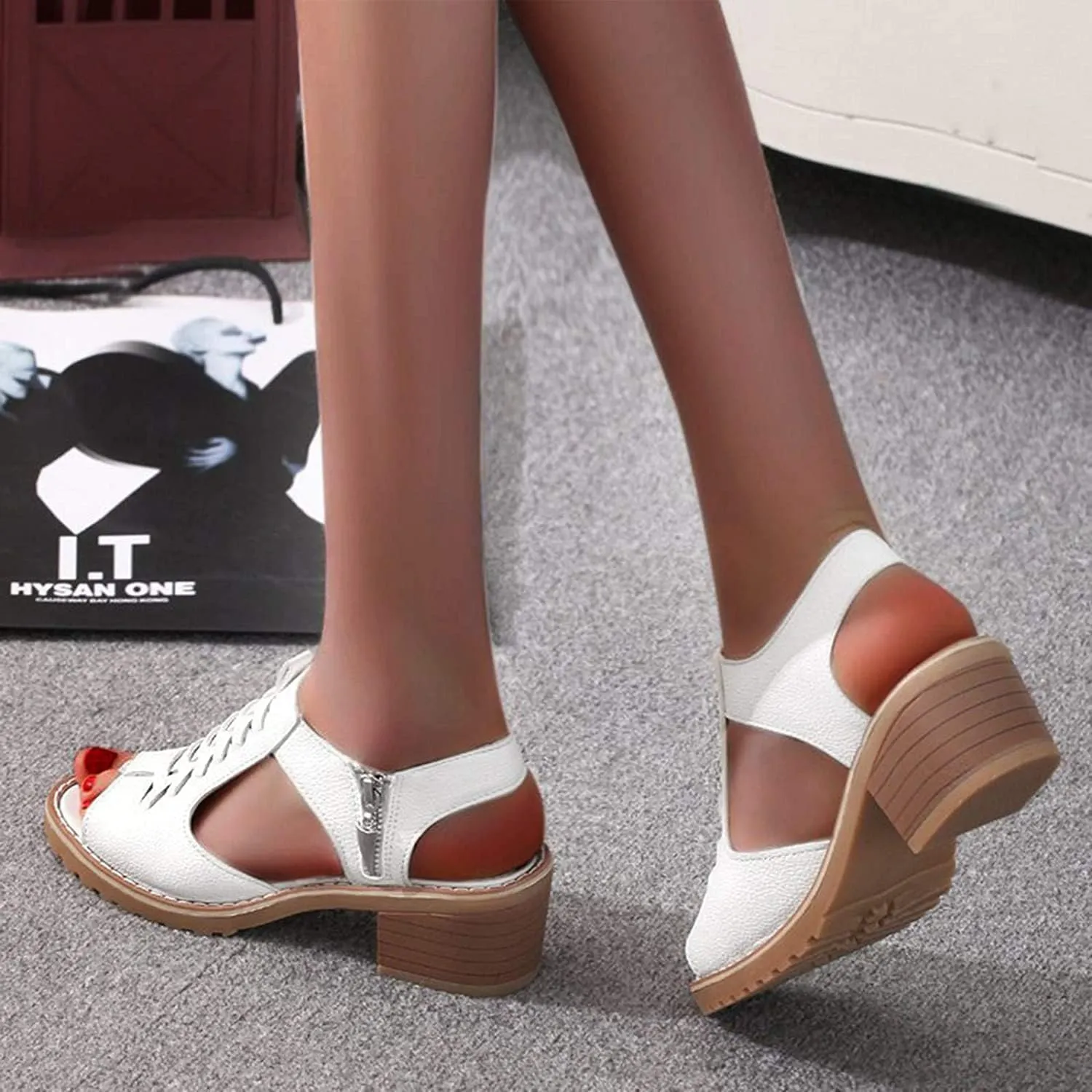 FETNHU Libiyi Peep Toe Cutout Zipper Chunky Heeled Sandals, Women's Shoeshome Comfy Orthotic Sandals, Breathable Fish Mouth Outdoor Casual Beach High Heels Sandal