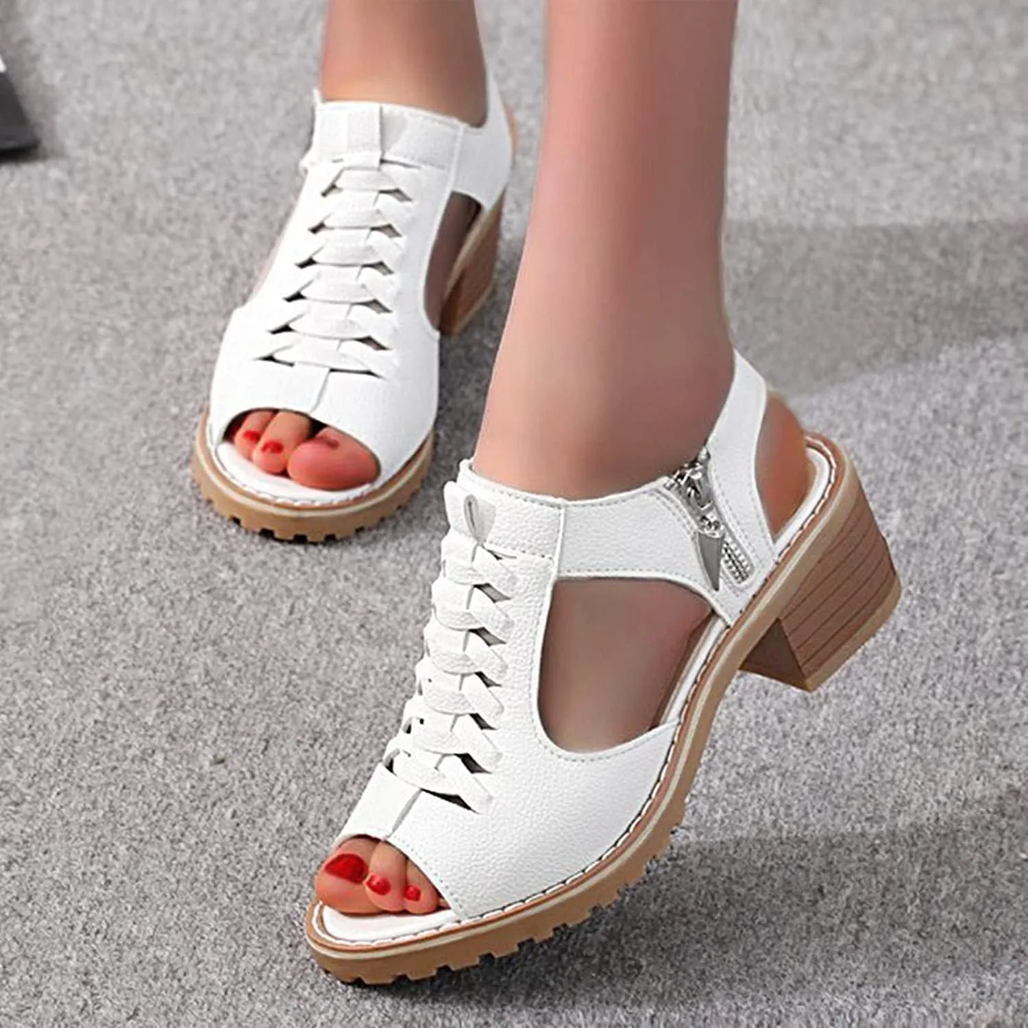 FETNHU Libiyi Peep Toe Cutout Zipper Chunky Heeled Sandals, Women's Shoeshome Comfy Orthotic Sandals, Breathable Fish Mouth Outdoor Casual Beach High Heels Sandal