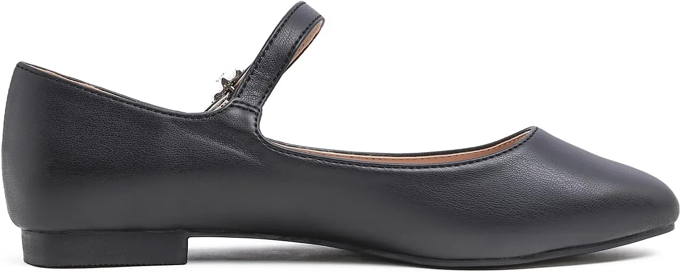 FEVERSOLE Women's Mary Jane Fashion Square Toe Easy Buckle Slip On Flats