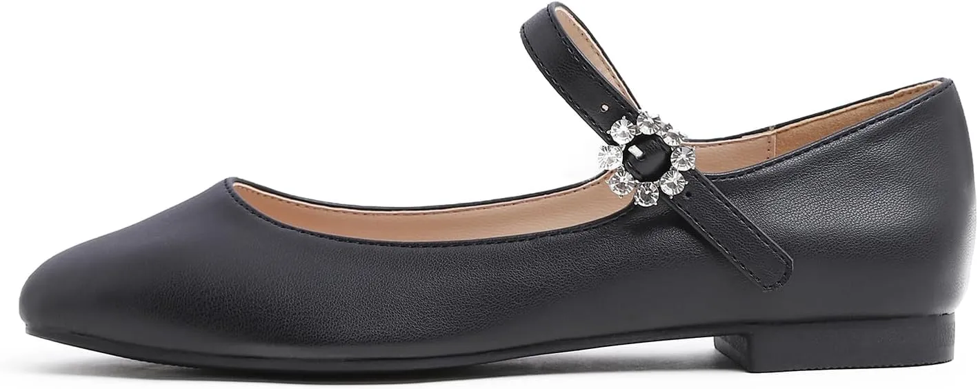 FEVERSOLE Women's Mary Jane Fashion Square Toe Easy Buckle Slip On Flats
