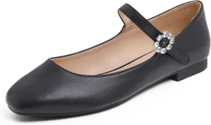 FEVERSOLE Women's Mary Jane Fashion Square Toe Easy Buckle Slip On Flats