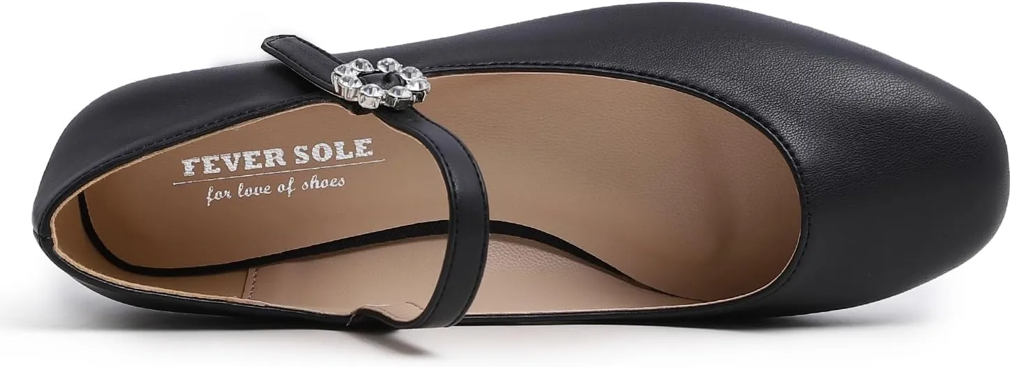 FEVERSOLE Women's Mary Jane Fashion Square Toe Easy Buckle Slip On Flats