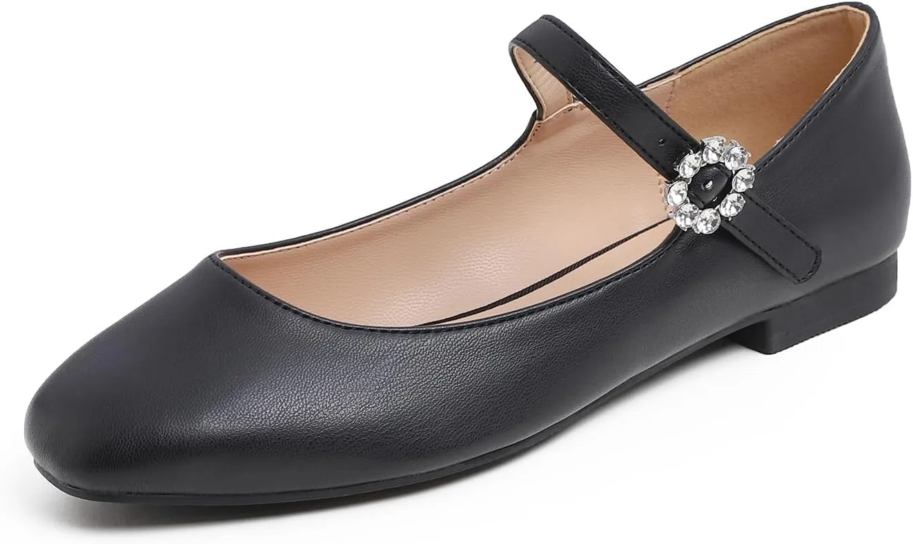 FEVERSOLE Women's Mary Jane Fashion Square Toe Easy Buckle Slip On Flats