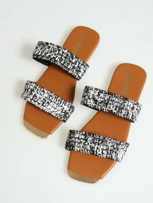 Flat Double Strap Raffia Push In Sandal With Metal Toe