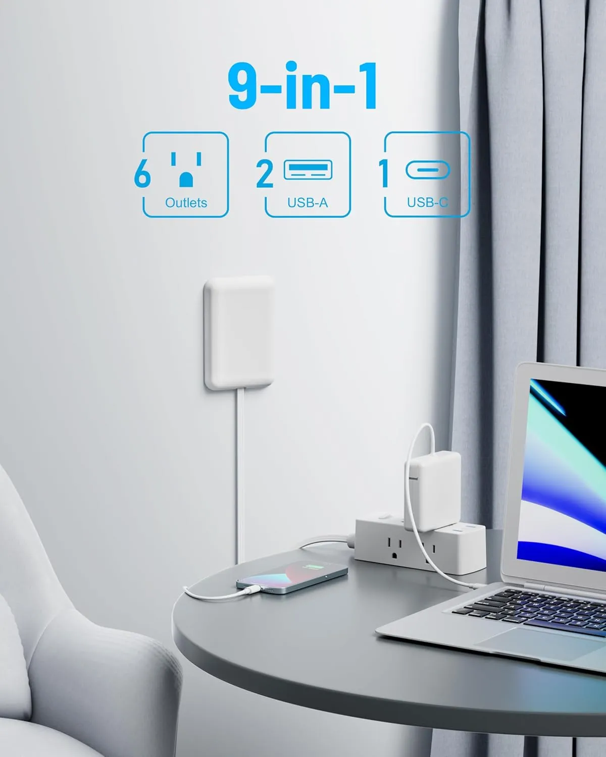 Flat Extension Cord with Outlet Cover, Flat Plug Power Strip with 6 Outlets and 3 USB Ports, 2000 Joules Surge Protector, 6 FT Cord Hidden Outlet Extender for Tight Spaces