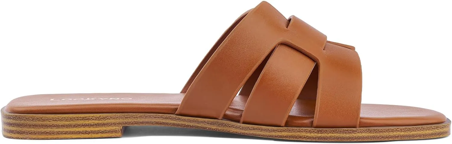 Flat Sandals for Women 2025 Dressy Summer Leather Slides with Square Open Toe