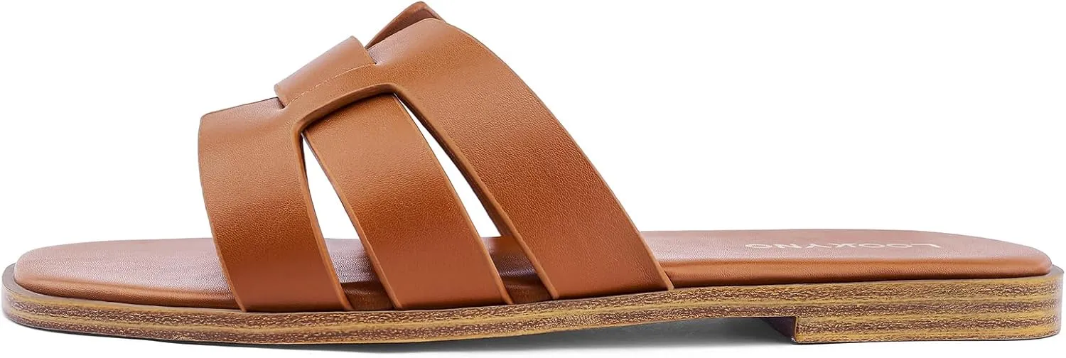 Flat Sandals for Women 2025 Dressy Summer Leather Slides with Square Open Toe