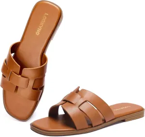 Flat Sandals for Women 2025 Dressy Summer Leather Slides with Square Open Toe
