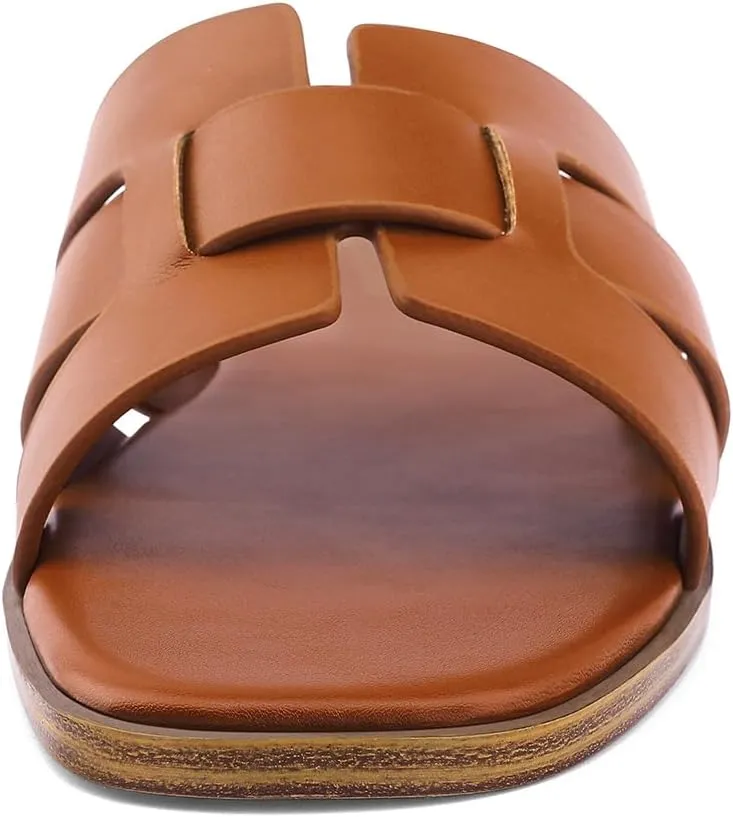 Flat Sandals for Women 2025 Dressy Summer Leather Slides with Square Open Toe