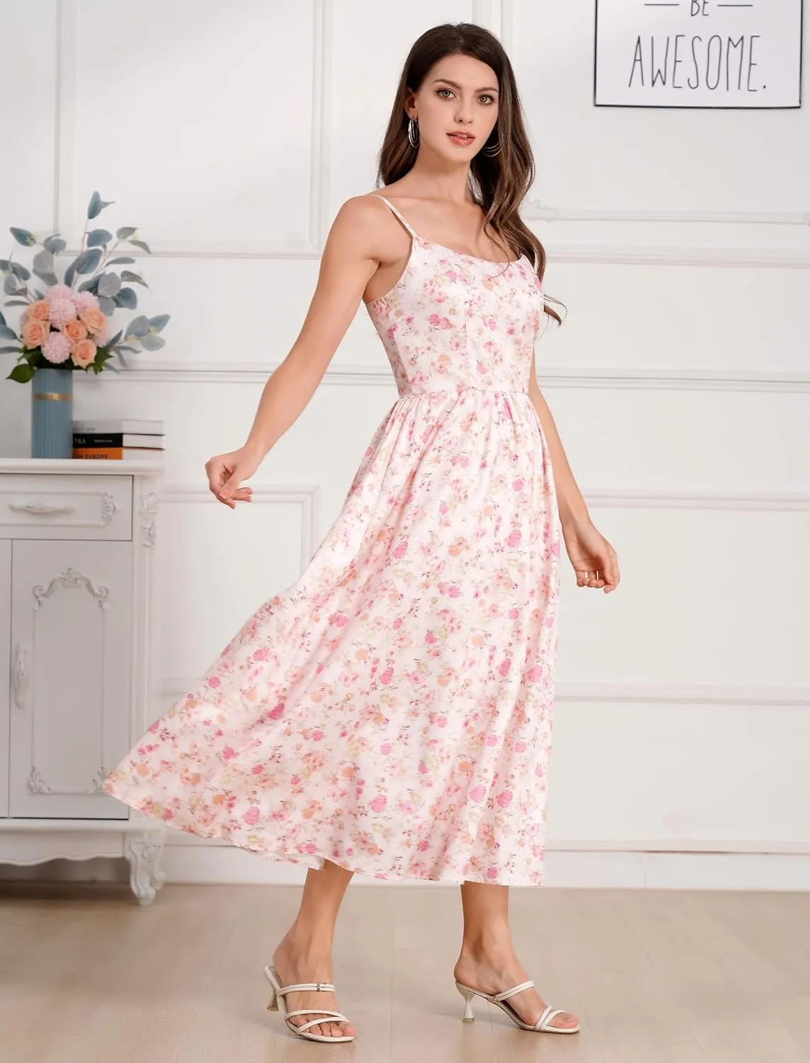 Floral Corset Dress Solid Long Dress Low Cut Dress Open Back Summer Dress