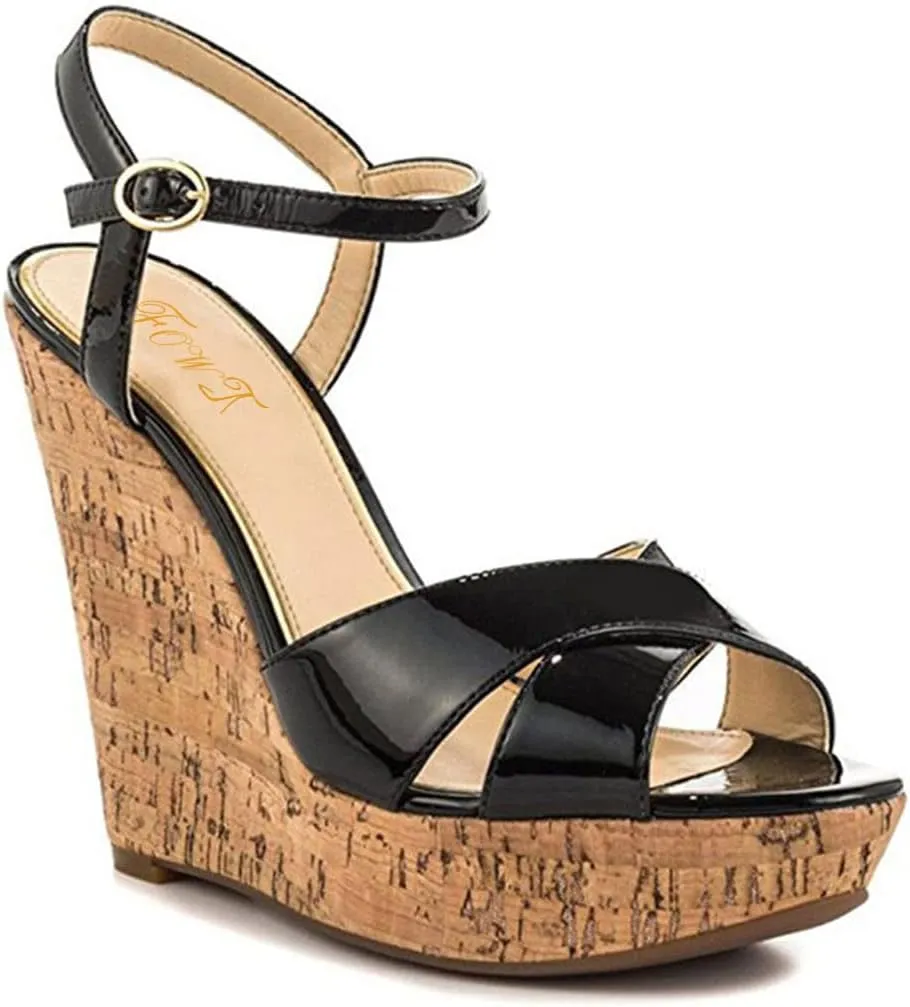 FOWT Fashion Patent Leather High Heeled Wedge Sandals for Women Elegant Buckle Ankle Strap Open Peep Toe 6 IN Cork Heels Chic Slingback Dress Formal Pumps Shoes, Nude US Size 4-16 M