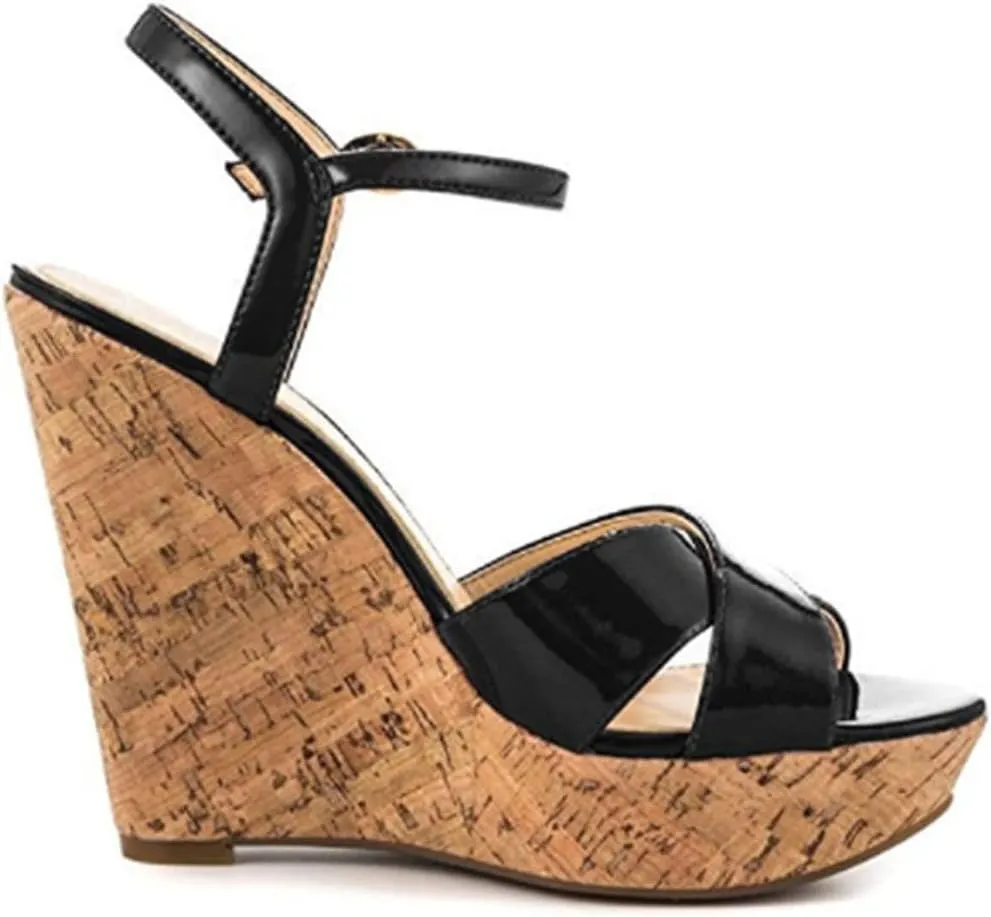 FOWT Fashion Patent Leather High Heeled Wedge Sandals for Women Elegant Buckle Ankle Strap Open Peep Toe 6 IN Cork Heels Chic Slingback Dress Formal Pumps Shoes, Nude US Size 4-16 M