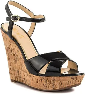 FOWT Fashion Patent Leather High Heeled Wedge Sandals for Women Elegant Buckle Ankle Strap Open Peep Toe 6 IN Cork Heels Chic Slingback Dress Formal Pumps Shoes, Nude US Size 4-16 M