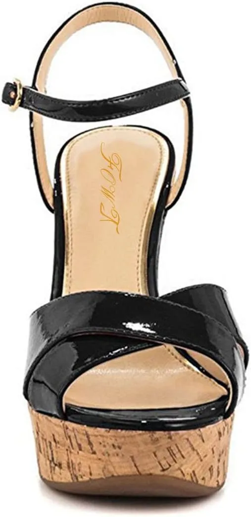 FOWT Fashion Patent Leather High Heeled Wedge Sandals for Women Elegant Buckle Ankle Strap Open Peep Toe 6 IN Cork Heels Chic Slingback Dress Formal Pumps Shoes, Nude US Size 4-16 M
