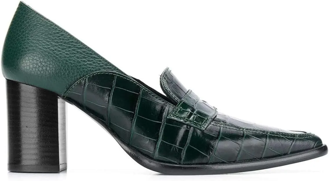 FOWT Ladies Chic Crocodile Loafers High Block Heel Slip On Pumps Woman Patchwork Textured Shoes for Meeting Career and Office Size US 4-16