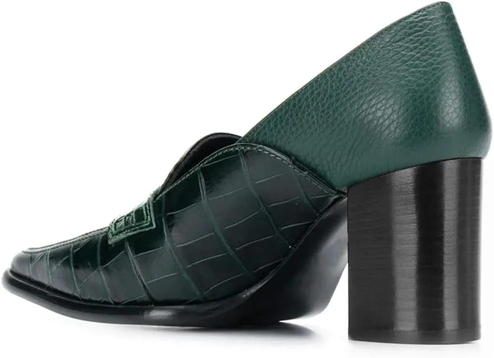 FOWT Ladies Chic Crocodile Loafers High Block Heel Slip On Pumps Woman Patchwork Textured Shoes for Meeting Career and Office Size US 4-16