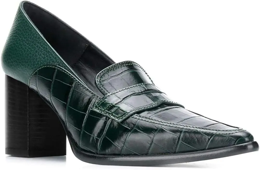 FOWT Ladies Chic Crocodile Loafers High Block Heel Slip On Pumps Woman Patchwork Textured Shoes for Meeting Career and Office Size US 4-16