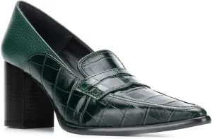 FOWT Ladies Chic Crocodile Loafers High Block Heel Slip On Pumps Woman Patchwork Textured Shoes for Meeting Career and Office Size US 4-16