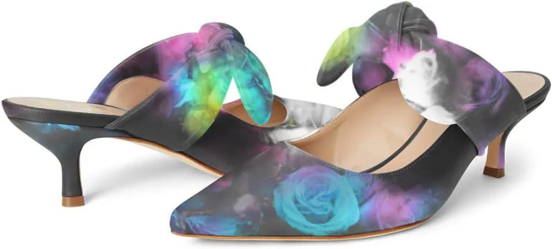 FOWT Pointed Toe Slip On Mules with Bow, Low Kitten Heel Backless Burnished Dress Sandals for Women Slipper Loafer Vintage Classics Comfy 4-16 M US