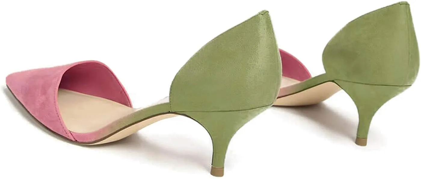 FOWT Women Closed Pointed Toe Kitten Heel Pumps Slip On Two Toned D'Orsay Low Stiletto Sandals Ladies Chic Shoes for Dress Office Party 4-16 M US