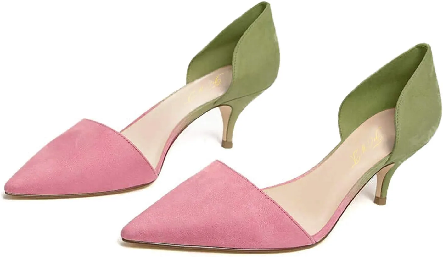 FOWT Women Closed Pointed Toe Kitten Heel Pumps Slip On Two Toned D'Orsay Low Stiletto Sandals Ladies Chic Shoes for Dress Office Party 4-16 M US