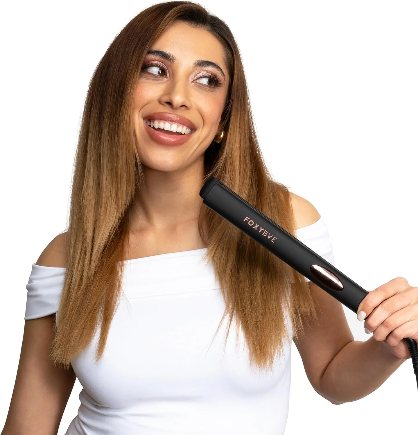 FoxyBae Trés Sleek Titanium Flat Iron Hair Straightener - Frizz-Free, Shinier & Smoother Locks - Dual Voltage Styling Tools - w/LCD Display, Temperature Control, Auto Shut-Off 1" [Black Rose-Gold]