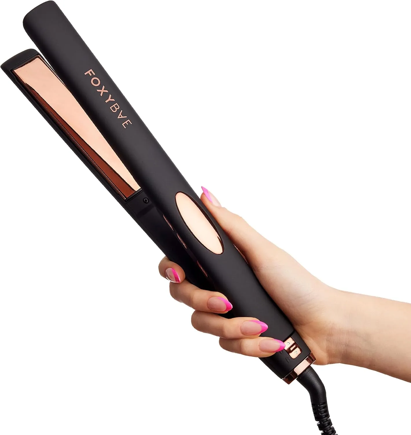 FoxyBae Trés Sleek Titanium Flat Iron Hair Straightener - Frizz-Free, Shinier & Smoother Locks - Dual Voltage Styling Tools - w/LCD Display, Temperature Control, Auto Shut-Off 1" [Black Rose-Gold]