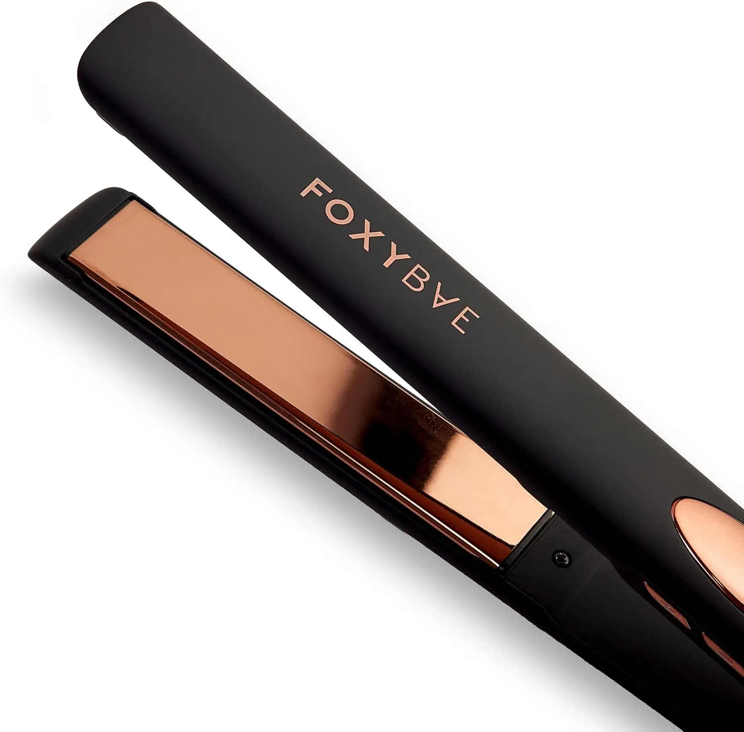 FoxyBae Trés Sleek Titanium Flat Iron Hair Straightener - Frizz-Free, Shinier & Smoother Locks - Dual Voltage Styling Tools - w/LCD Display, Temperature Control, Auto Shut-Off 1" [Black Rose-Gold]